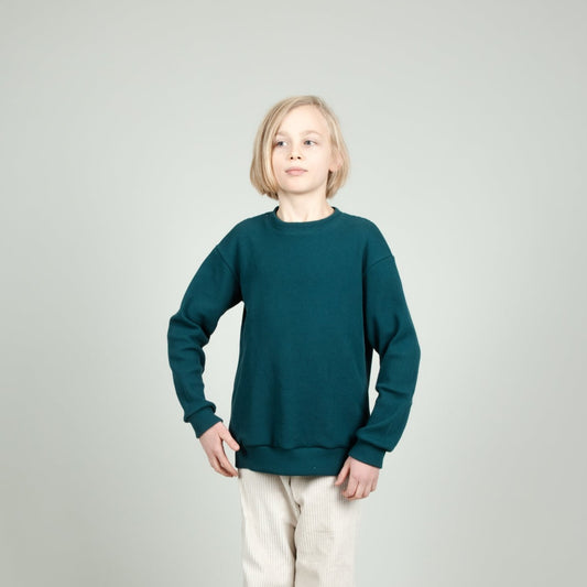 Kinderpulli aus Waffelstrick in Teal Blau Grün, Urheber: Mini & Eve